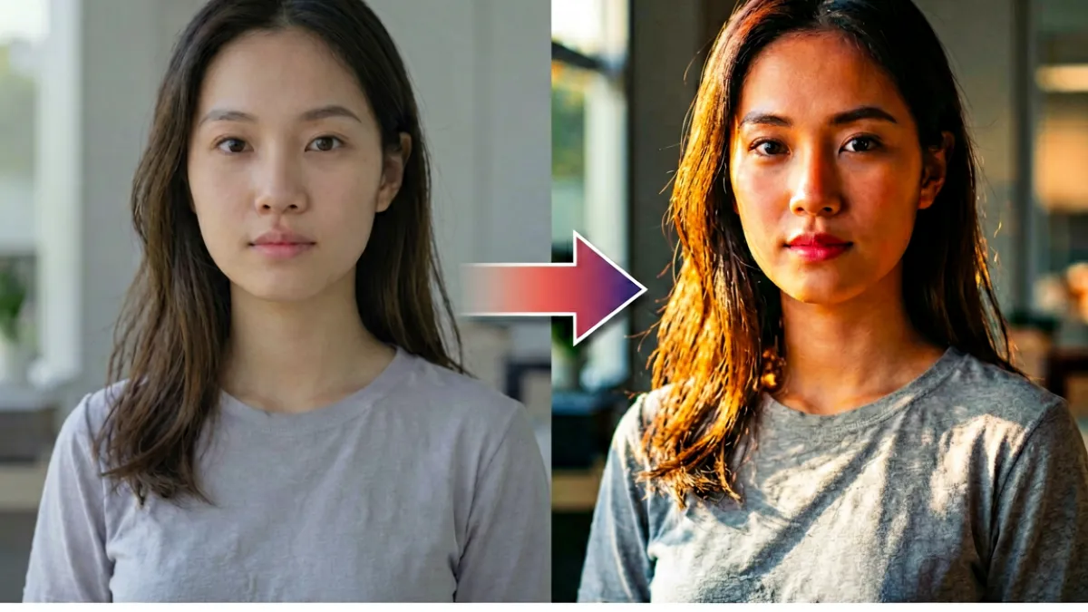 分屏对比图：左侧画面为素材原始状态色彩平淡无节奏感，右侧为剪辑后成片色彩丰富节奏明快，中间用箭头指示升级效果
