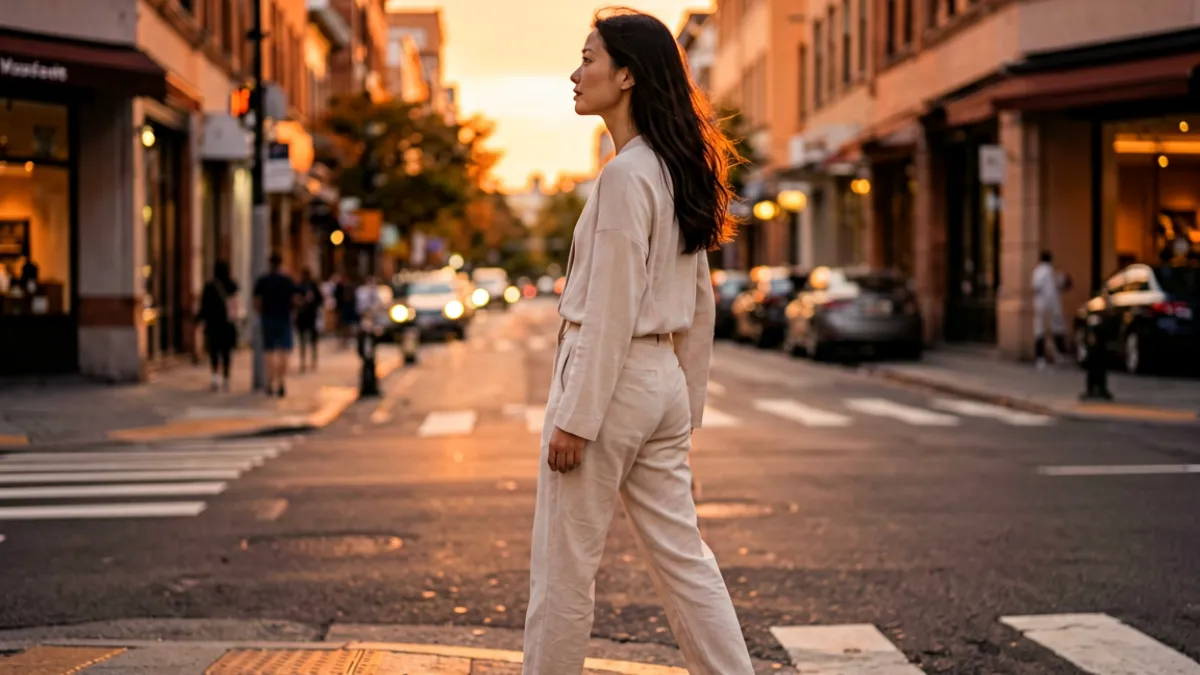 一位穿着浅色系服装的女性站在城市街角的黄昏光影中，相机从侧后方捕捉自然动态瞬间，画面色调偏暖橙